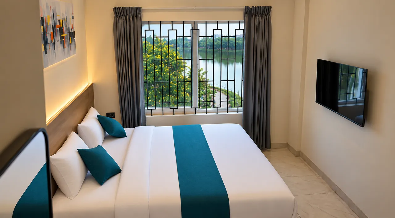 Premium King Lake View Room at Jiana Suites overlooking Arekere Lake, JP Nagar Bangalore